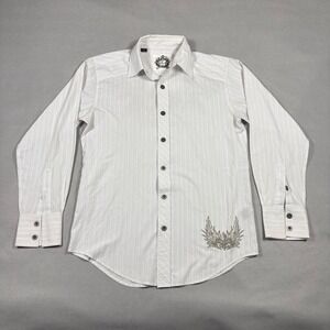Level Ten Mens White Pinstripe Graphic Button Down Shirt Small Y2K Grunge